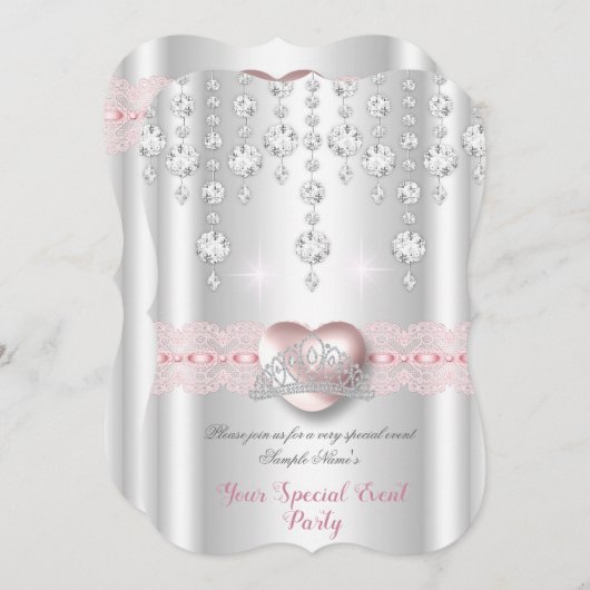 ピンクかわいらしシルバーハートダイアモンドティアラAnyパーティー 招待状 (正面/裏面)