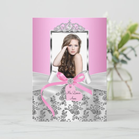 ピンクかわいらしシルバーボウ&バラ写真キンセアニェラ 招待状 (スタンド正面)