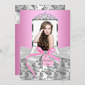 ピンクかわいらしシルバーボウ&バラ写真キンセアニェラ 招待状 (正面/裏面)