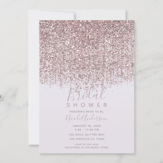 ピンクかわいらしスパークリー赤面グリッターブライダルシャワー 招待状 (正面)