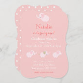 ピンクかわいらしゾウ赤ちゃんガールファースト誕生日 招待状 (正面/裏面)