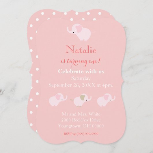 ピンクかわいらしゾウ赤ちゃんガールファースト誕生日 招待状 (正面/裏面)