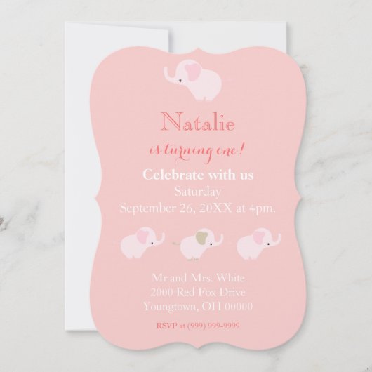 ピンクかわいらしゾウ赤ちゃんガールファースト誕生日 招待状 (正面)