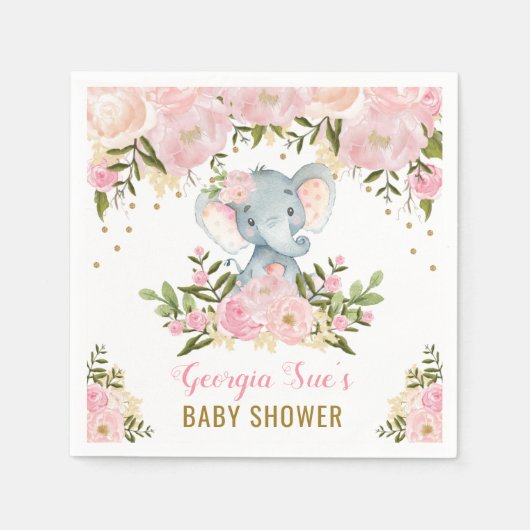 ピンクかわいらしゾウ/水フェミニン色フローラ スタンダードカクテルナプキン (正面)