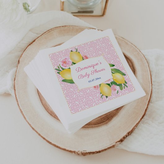 ピンクかわいらしタイルレモン女の子ベビーシャワーパーティー スタンダードランチョンナプキン