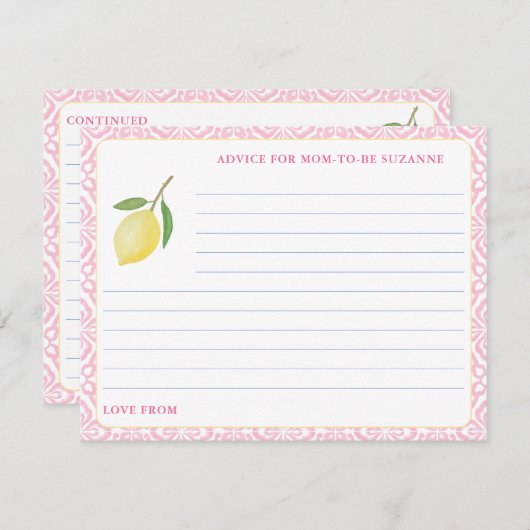 ピンクかわいらしタイルレモン赤ちゃんシャワーアドバイスカード 招待状 (正面/裏面)