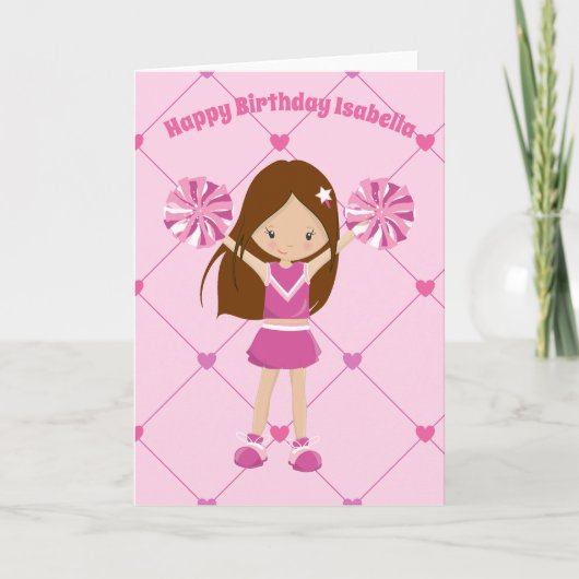 ピンクかわいらしチアリーダーパーソナライズされた誕生日女の子 カード (正面)
