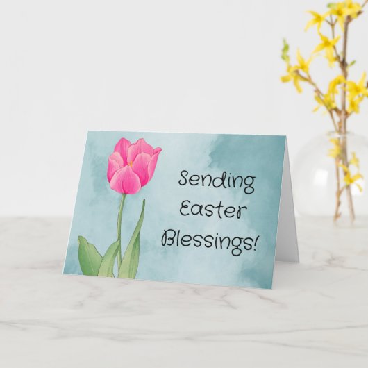 ピンクかわいらしチューリップフラワーアートイースターカード カード (黄色い花)