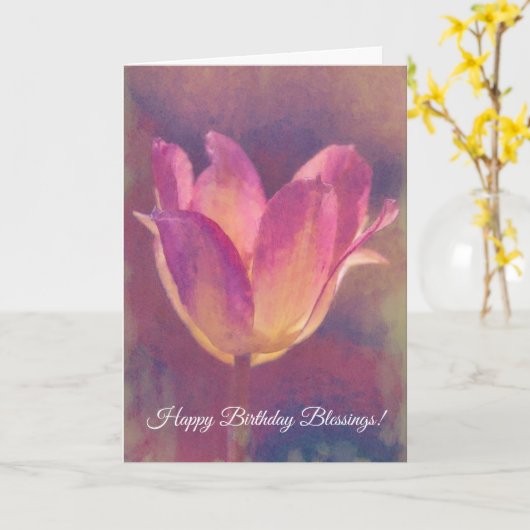 ピンクかわいらしチューリップフラワーアート信仰誕生日カード カード (黄色い花)