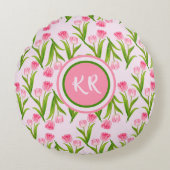 ピンクかわいらしチューリップフローラ花葉モノグラム ラウンドクッション (正面)