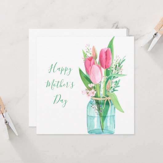 ピンクかわいらしチューリップブーケマザーズデイカード カード (正面/裏面インサイチュ)