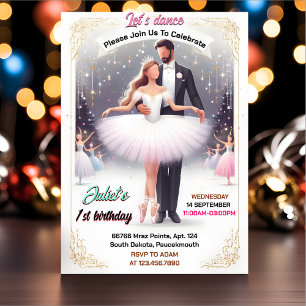 ピンクかわいらしツチュチックガールズバレリーナ1st誕生日 招待状