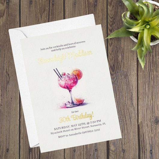 ピンクかわいらしテーマカクテル誕生日 箔招待状