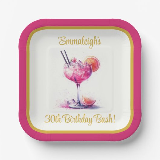 ピンクかわいらしテーマカクテル30th Birthday Square ペーパープレート (正面)