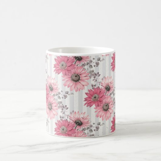 ピンクかわいらしデイジーのストライプの花柄 コーヒーマグカップ (中央)