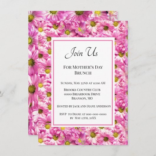 ピンクかわいらしデイジーズマザーズデイブランチ 招待状 (正面/裏面)
