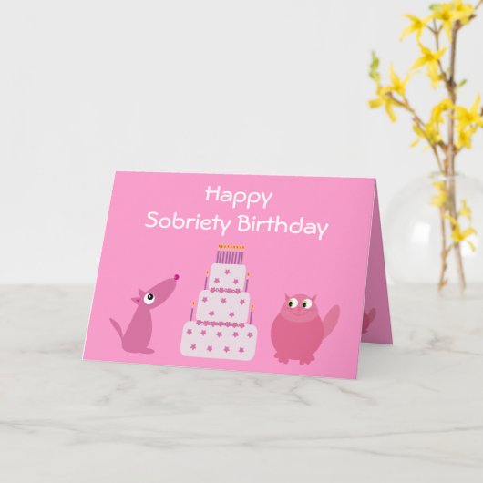 ピンクかわいらしドッグ猫とお誕生日ケーキの汚れカード カード (黄色い花)