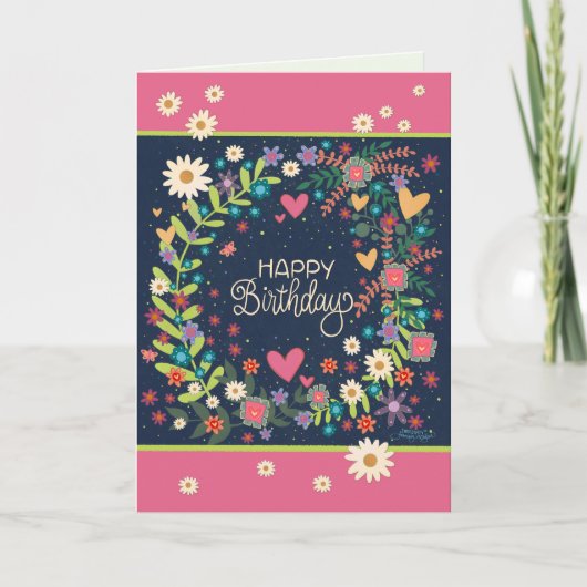 ピンクかわいらしネイビーフローラおもしろい誕生日インスピレーション カード (正面)