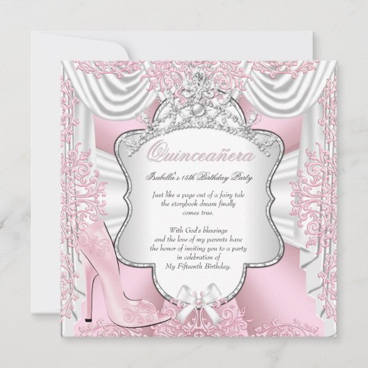 ピンクかわいらしハイヒールプリンセスキンセアニェラ15日 招待状 (正面)