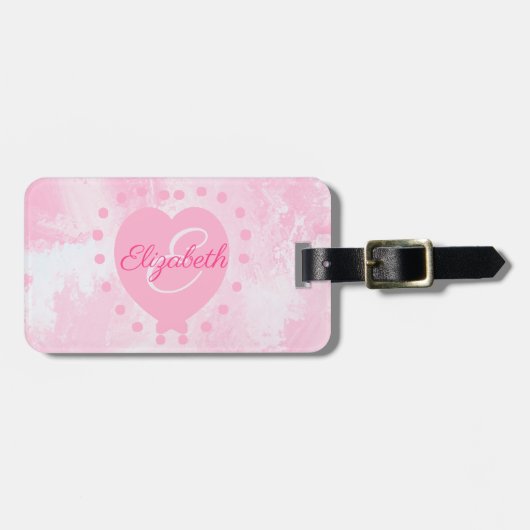 ピンクかわいらしハート名前をカスタムするモノグラムイニシャル ラゲッジタグ (正面横)