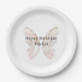 ピンクかわいらしバタフライウイング誕生日 ペーパープレート (正面)