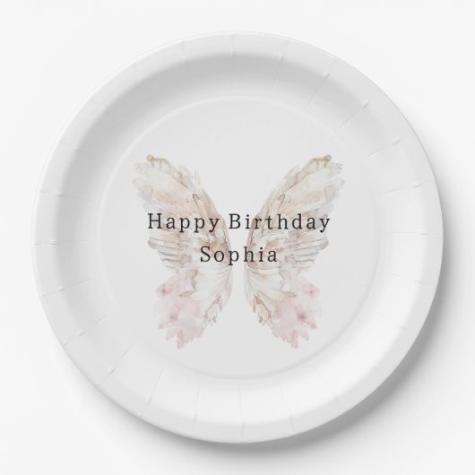 ピンクかわいらしバタフライウイング誕生日 ペーパープレート (正面)