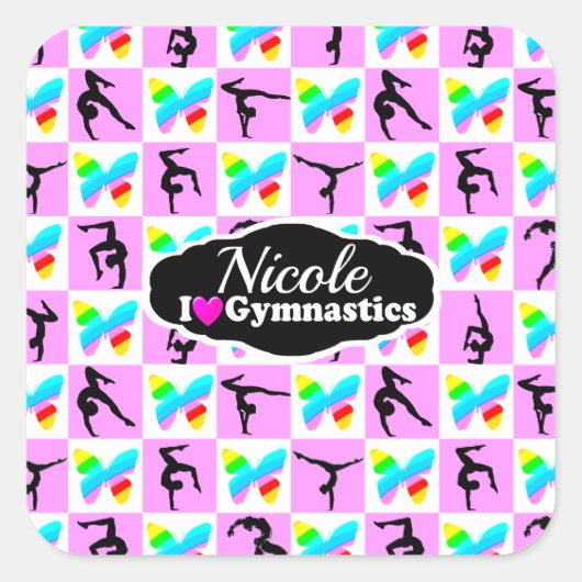 ピンクかわいらしバタフライ体操デザイン スクエアシール (正面)