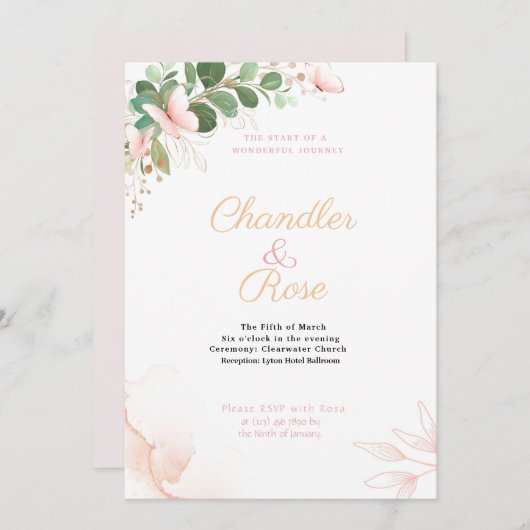 ピンクかわいらしバタフライ結婚式招待状 招待状 (正面/裏面)