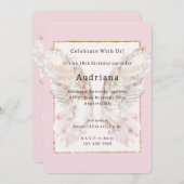 ピンクかわいらしバタフライ金ゴールドグリジーフレーム誕生日 招待状 (正面/裏面)