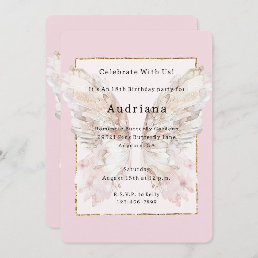 ピンクかわいらしバタフライ金ゴールドグリジーフレーム誕生日 招待状 (正面/裏面)