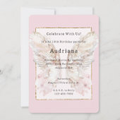 ピンクかわいらしバタフライ金ゴールドグリジーフレーム誕生日 招待状 (正面)