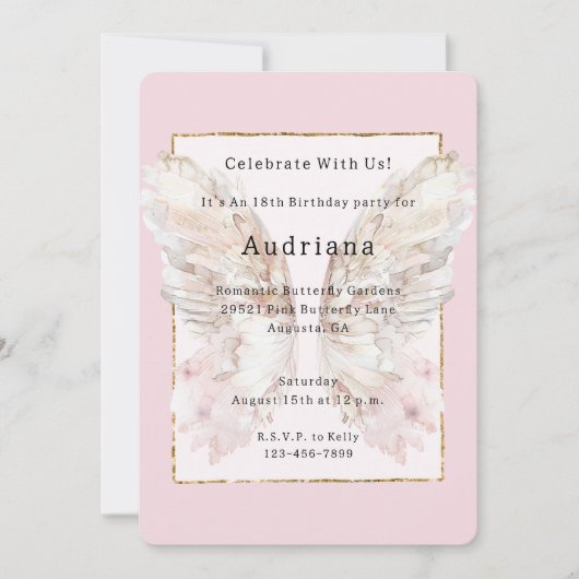 ピンクかわいらしバタフライ金ゴールドグリジーフレーム誕生日 招待状 (正面)