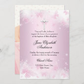 ピンクかわいらしバタフライ&クロスフォトバプテスマ招待状 招待状 (正面/裏面)