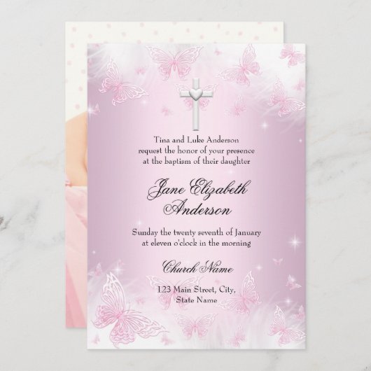 ピンクかわいらしバタフライ&クロスフォトバプテスマ招待状 招待状 (正面/裏面)