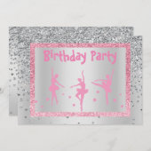 ピンクかわいらしバレリナスパークルチルドレン誕生日 招待状 (正面/裏面)
