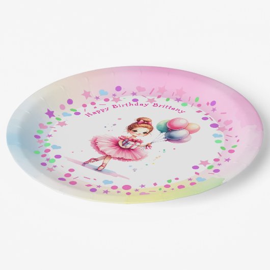 ピンクかわいらしバレリーナガールの誕生日パーティー ペーパープレート (アングル)