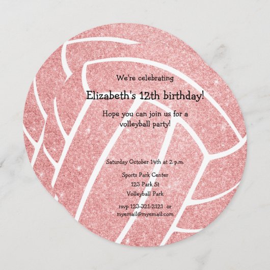 ピンクかわいらしバレーボール誕生日パーティー 案内状 (正面/裏面)