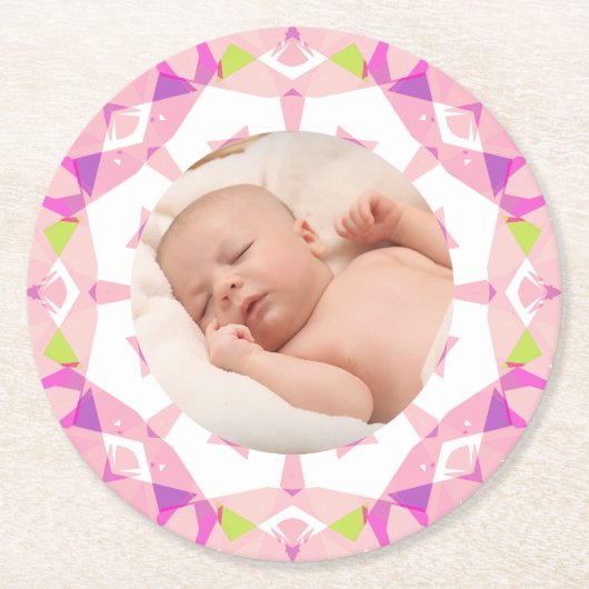 ピンクかわいらしパステルカスタムズ写真ガールズ誕生日 ラウンドペーパーコースター (正面)