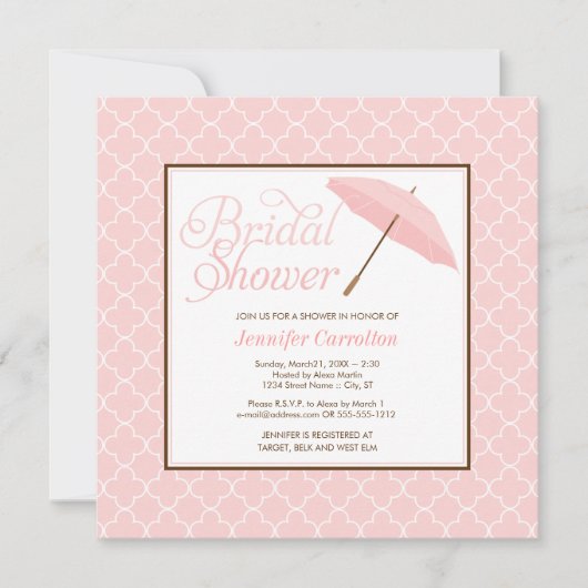 ピンクかわいらしパラソルブライダルシャワーの招待 招待状 (正面)