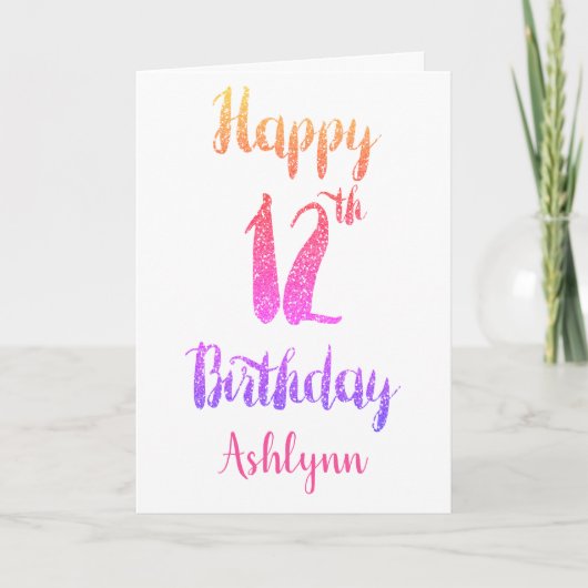 ピンクかわいらしパープルグリッター12誕生日 カード (正面)