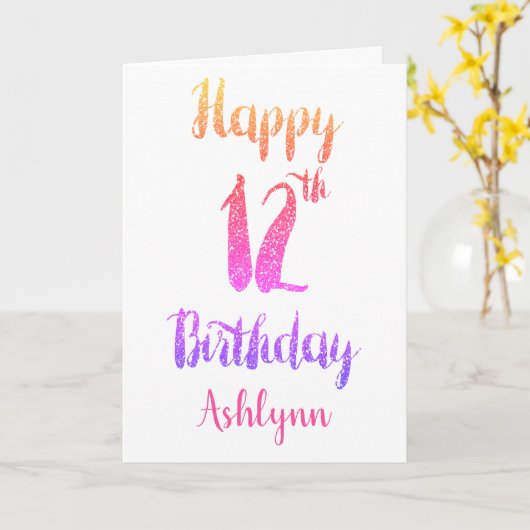ピンクかわいらしパープルグリッター12誕生日 カード (黄色い花)