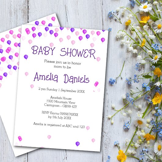 ピンクかわいらしパープルバルーンベビーシャワー招待状 招待状