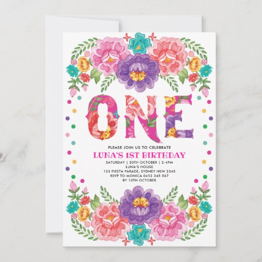 ピンクかわいらしパープルフローラフェスタガール1st誕生日 招待状 (正面)
