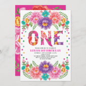 ピンクかわいらしパープルフローラフェスタガール1st誕生日 招待状 (正面/裏面)