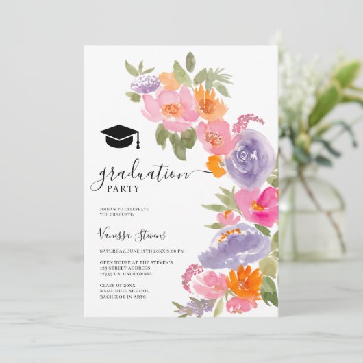 ピンクかわいらしパープルフローラ写真卒業 招待状 (スタンド正面)