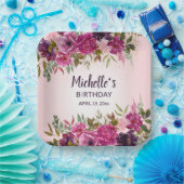 ピンクかわいらしパープルフローラ女子誕生日 ペーパープレート (パーティー)