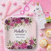 ピンクかわいらしパープルフローラ女子誕生日 ペーパープレート (パーティー)