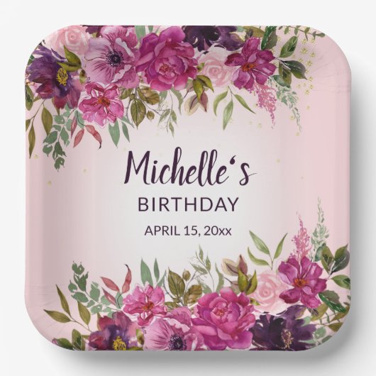 ピンクかわいらしパープルフローラ女子誕生日 ペーパープレート (正面)