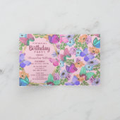 ピンクかわいらしパープルフローラ蝶誕生日写真 招待状 (内部)