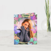 ピンクかわいらしパープルフローラ蝶誕生日写真 招待状 (正面)